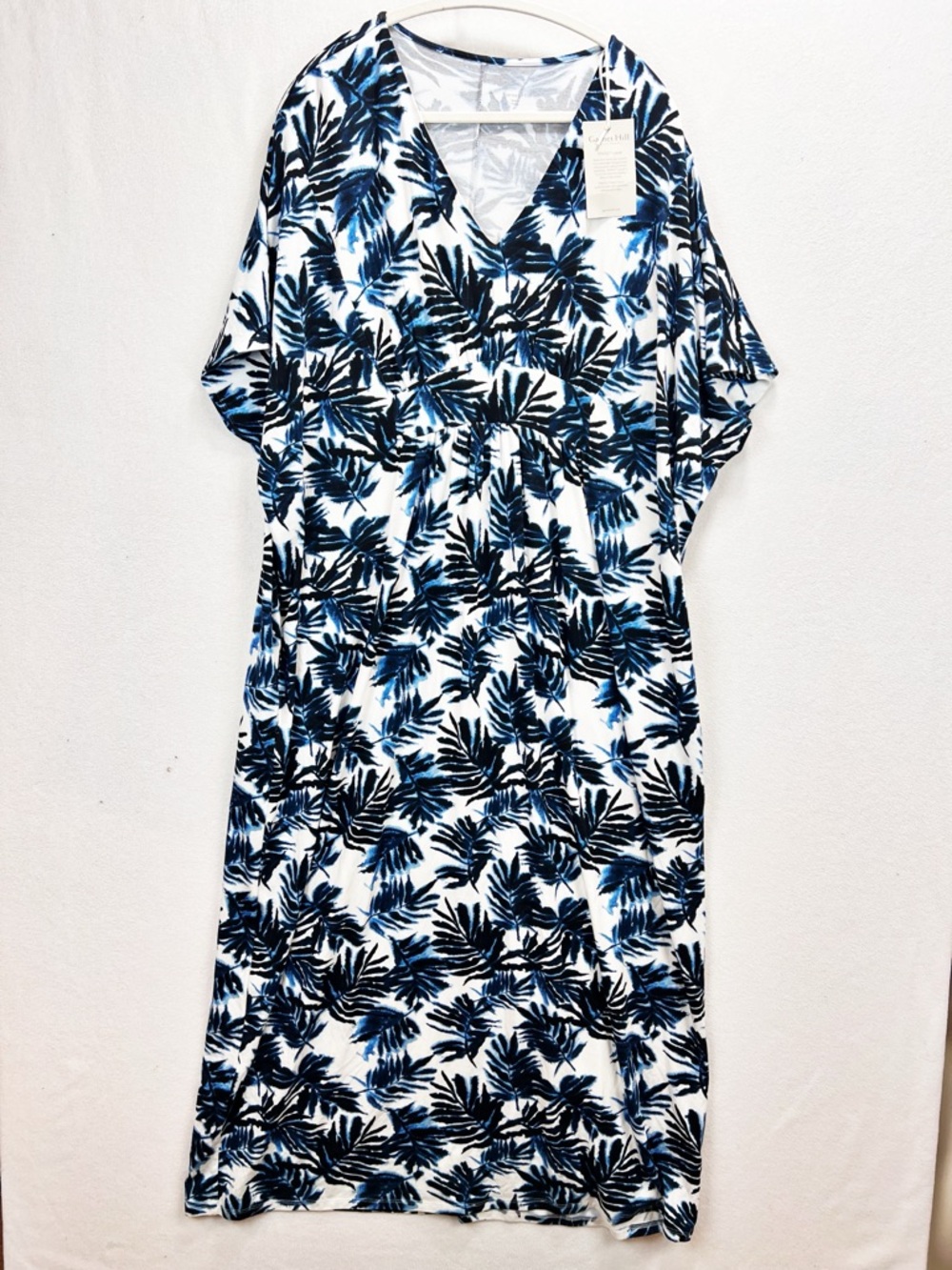 NWT Garnet Hill Oversized Batwing Knit Maxi Tropical Blue Print Dress Caftan M